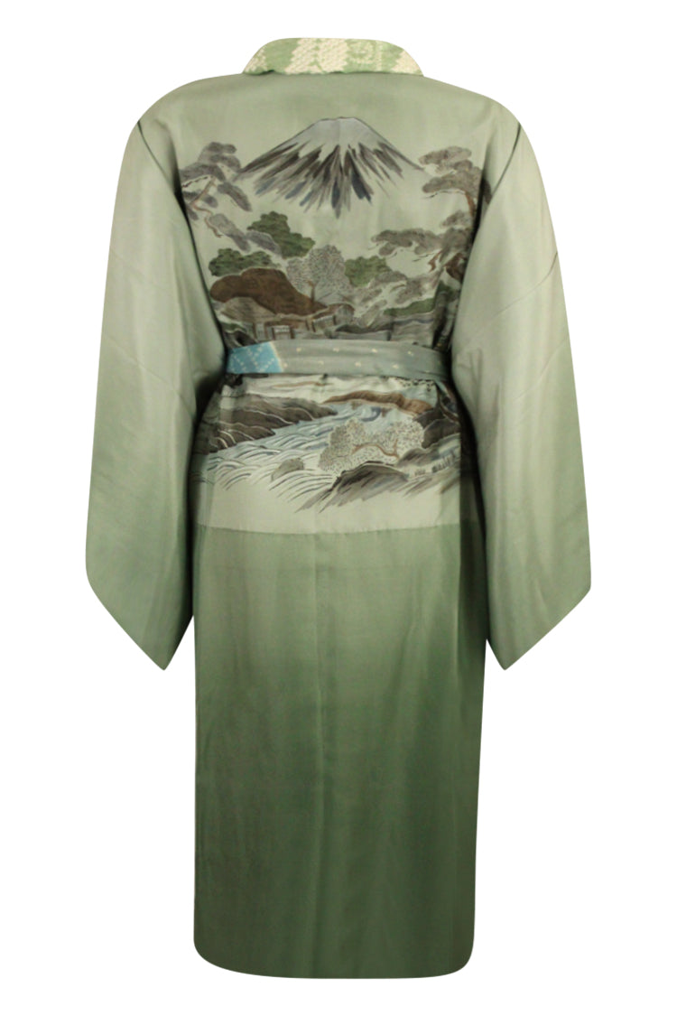 Sea green silk kimono robe with hand painted village scene