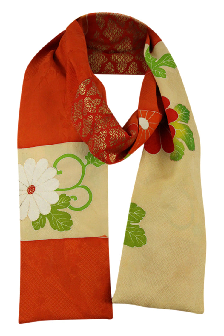 Orange and cream narrow celebration scarf with gold rimmed flowers - Kiku