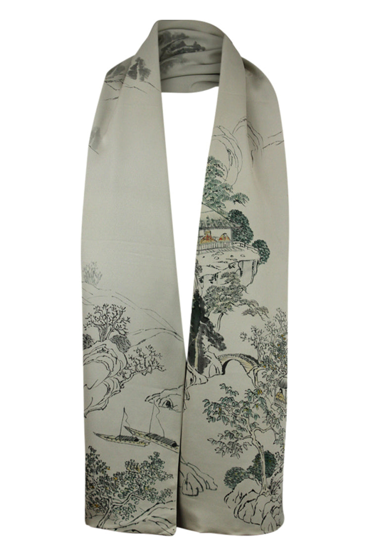 Cream silk celebration scarf with mountain scene – Kiku display picture 1
