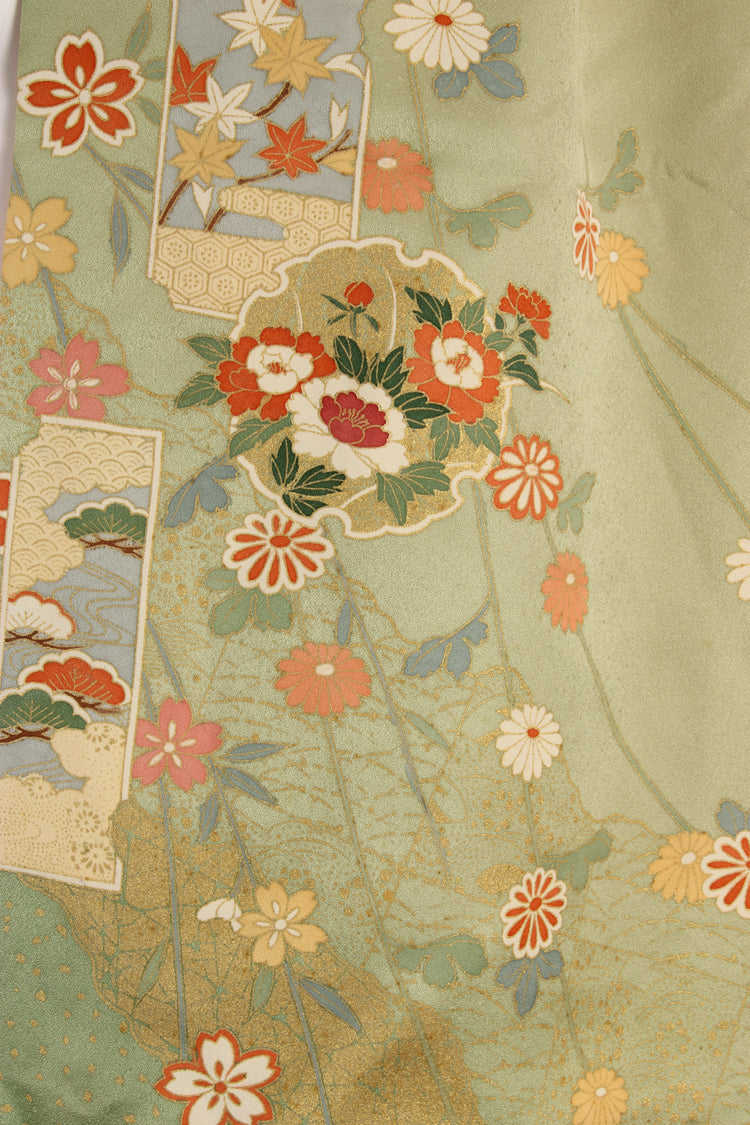 Pale green silk celebration scarf with  hand painted gold leaf - Kiku