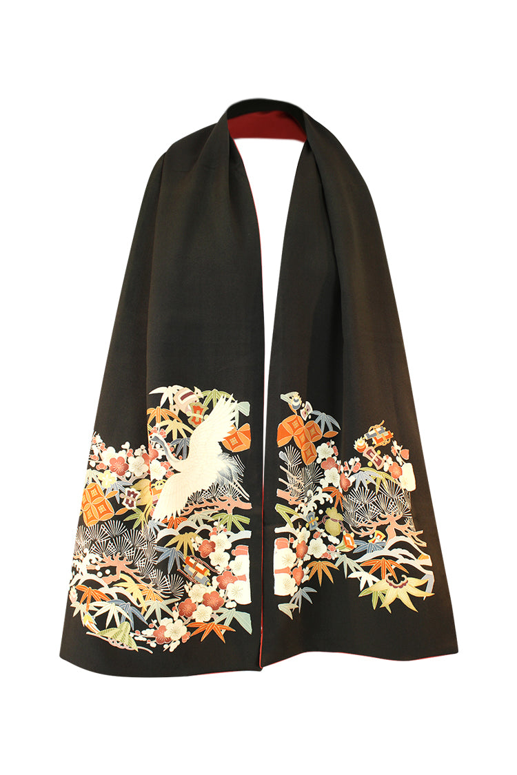Black tomesode celebration scarf with crane and orange reversible