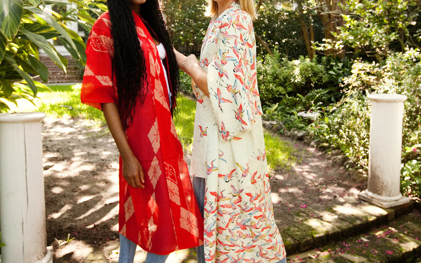 Two girls modeling with Refreshing_Eco-Friendly_ Kimono Silk Robes.