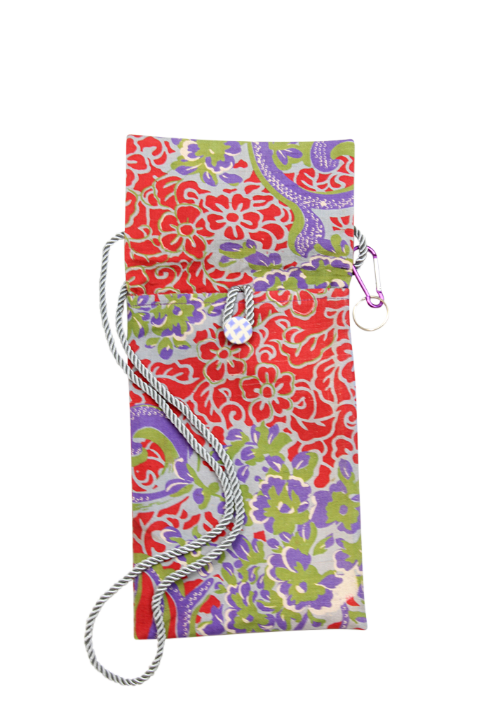 print phone purse with reds, greens and purples