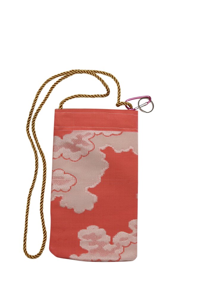 Pink and white cell phone hand bag made from vintage obi silk