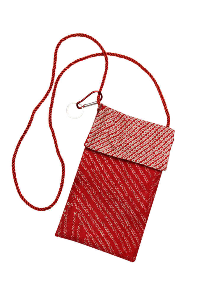 red shibori silk phone purse from vintage kimono