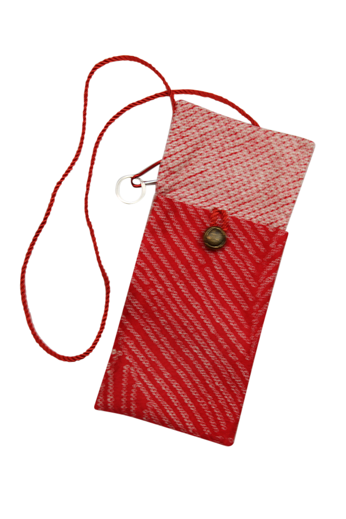 Red silk phone purse with shibori design. - Kiku 