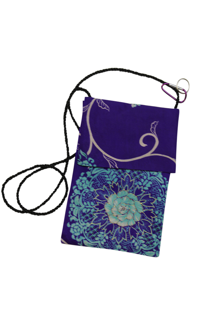 purple and turquoise silk crossbody phone purse