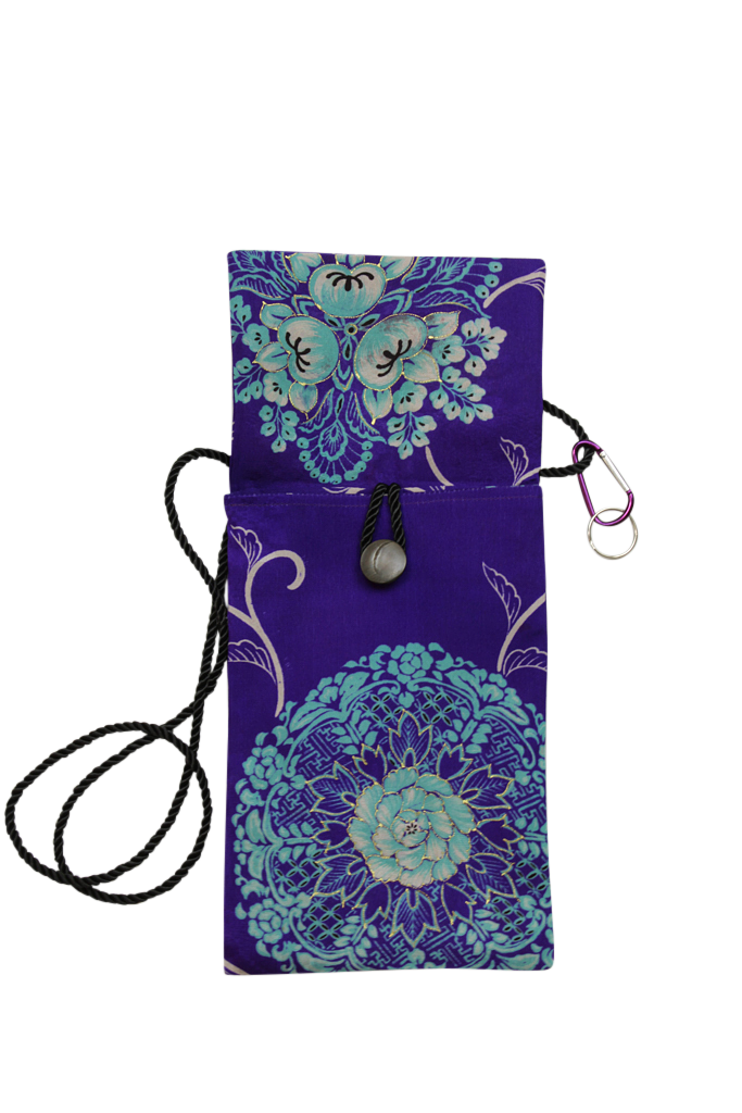 purple and turquoise silk crossbody phone purse