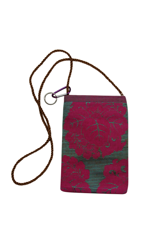 purple silk phone purse made from a vintage obi