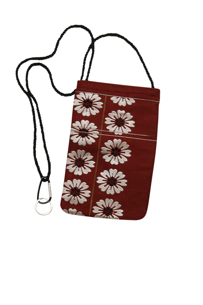 burgundy cross body phone purse made from a vintage obi