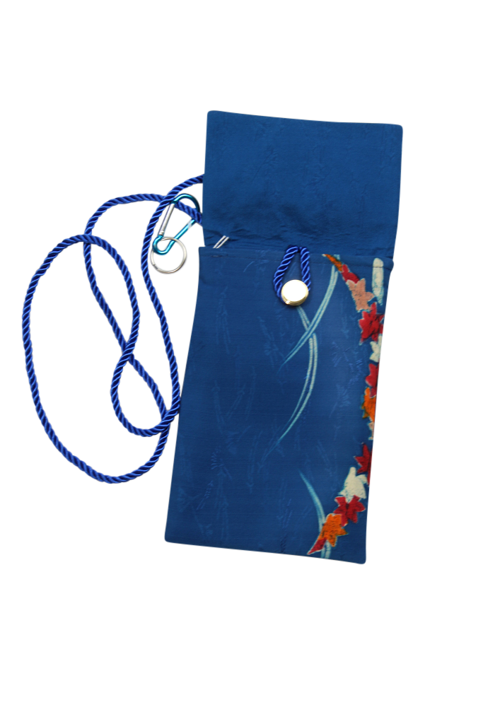 blue silk phone purse with floral border
