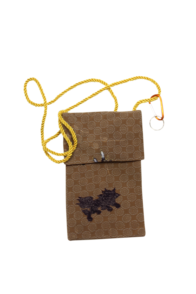 brown silk phone purse with shishi dog