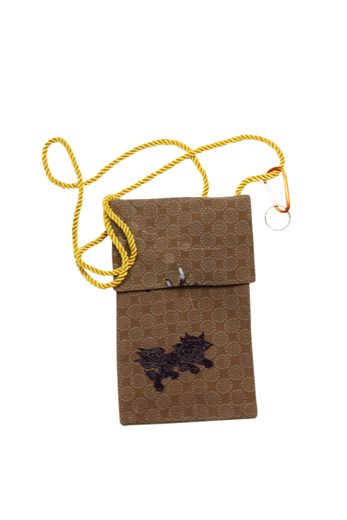 brown silk phone purse with shishi dog