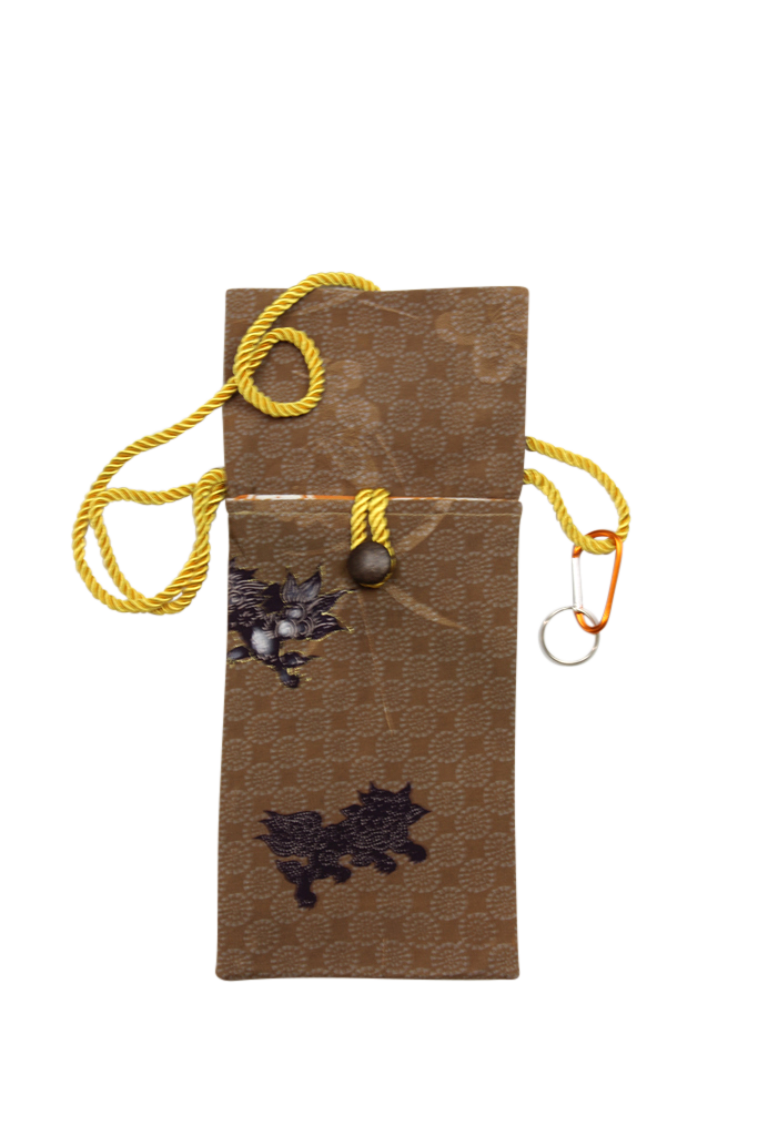 Brown silk cross body phone purse from a vintage kimono