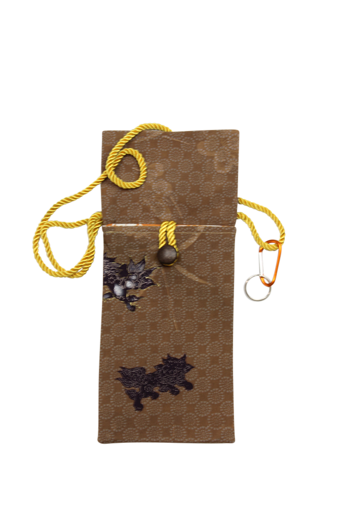 brown silk phone purse with shishi dog