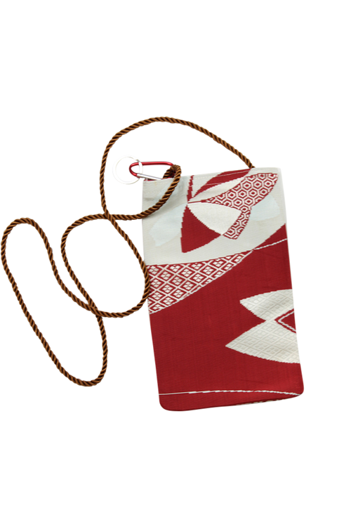 Burgundy and silver phone purse made from a vintage obi