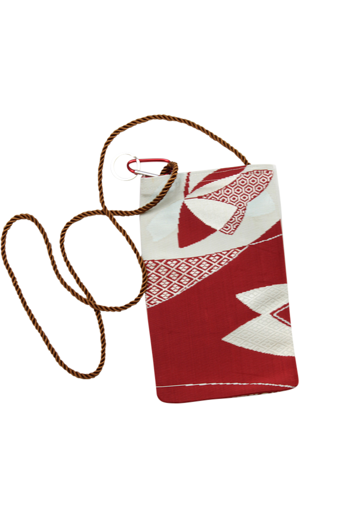 Burgundy and silver phone purse made from a vintage obi