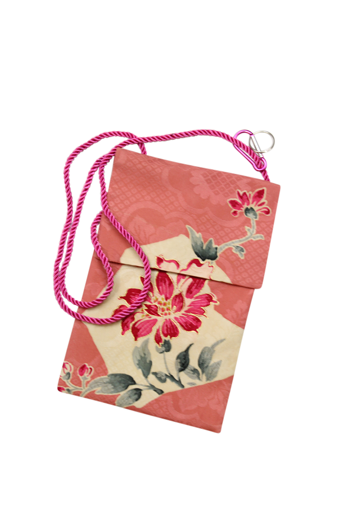 pink silk phone purse with hand painted flower