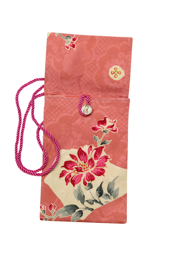 pink silk phone purse with hand painted flower