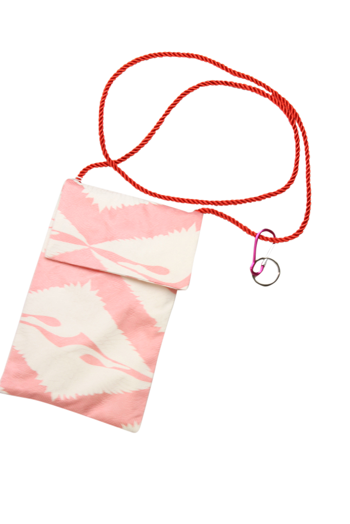 Pink silk phone purse with white cranes - Kiku 