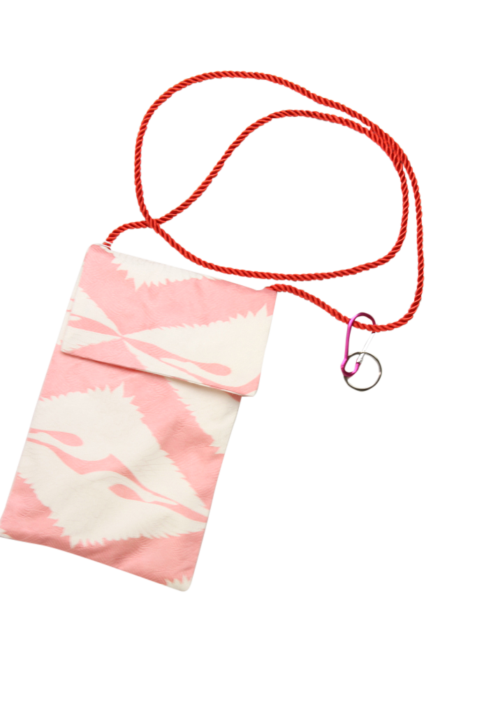 Pink silk phone purse with white cranes