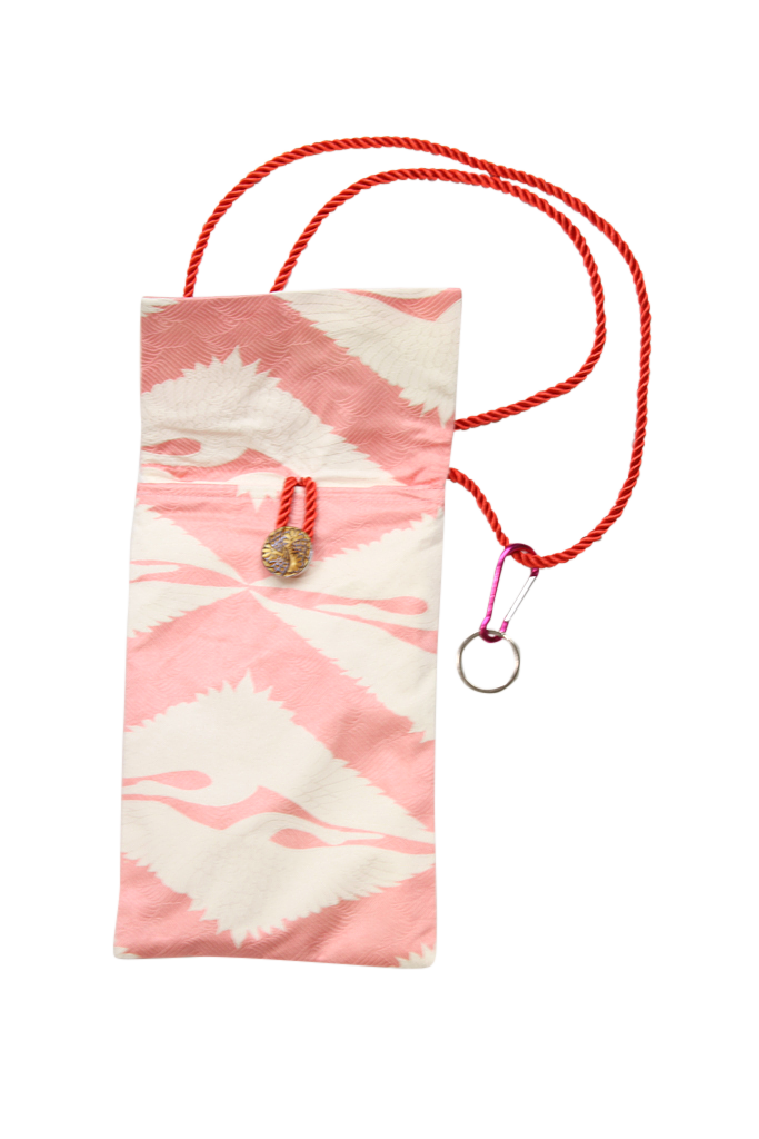 Pink silk phone purse with white cranes - Kiku 
