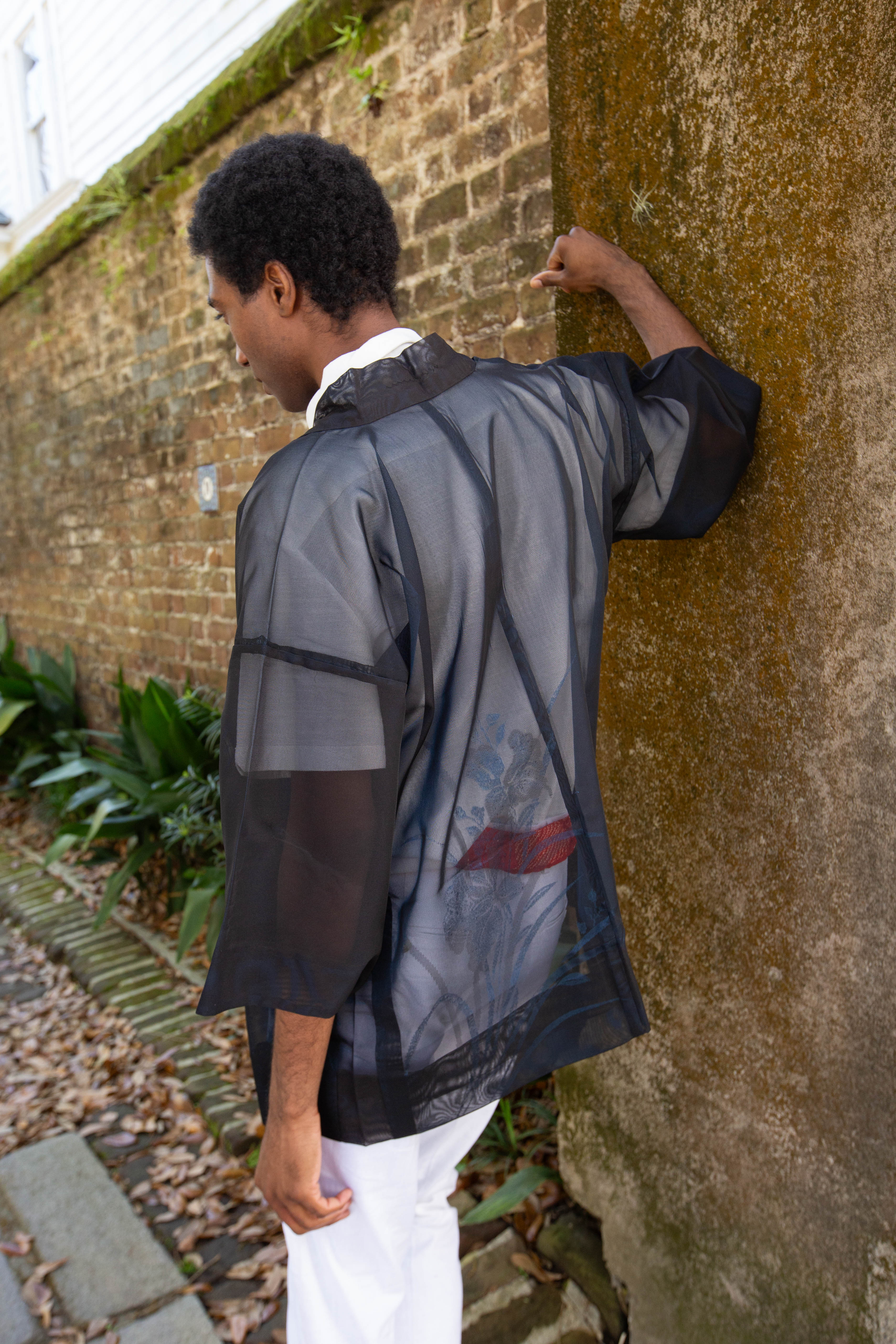 man wearing semi-transparent summer silk vintage kimono jacket with updated sleeves