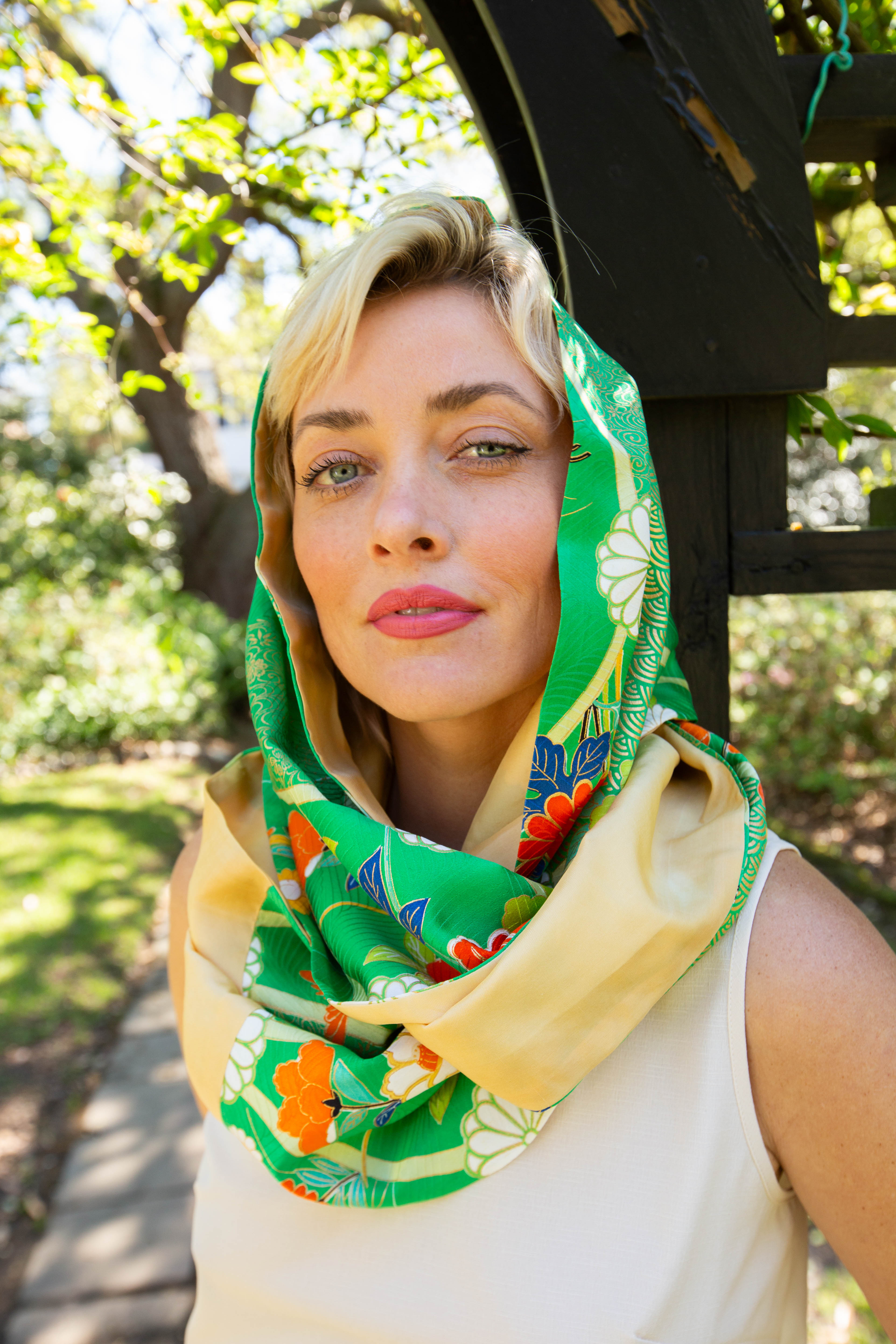 model wearing Kiku Refashion infinity scarf as a head cowl