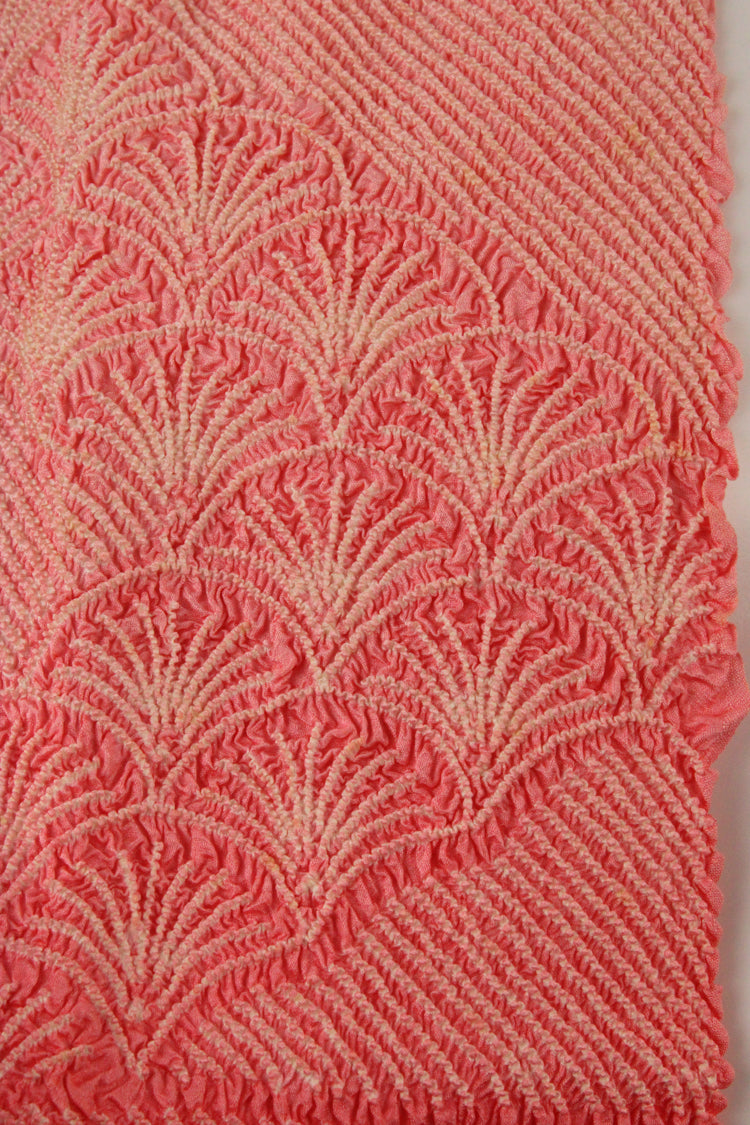 Pale pink silk sash scarf with fan shibori design - Kiku 