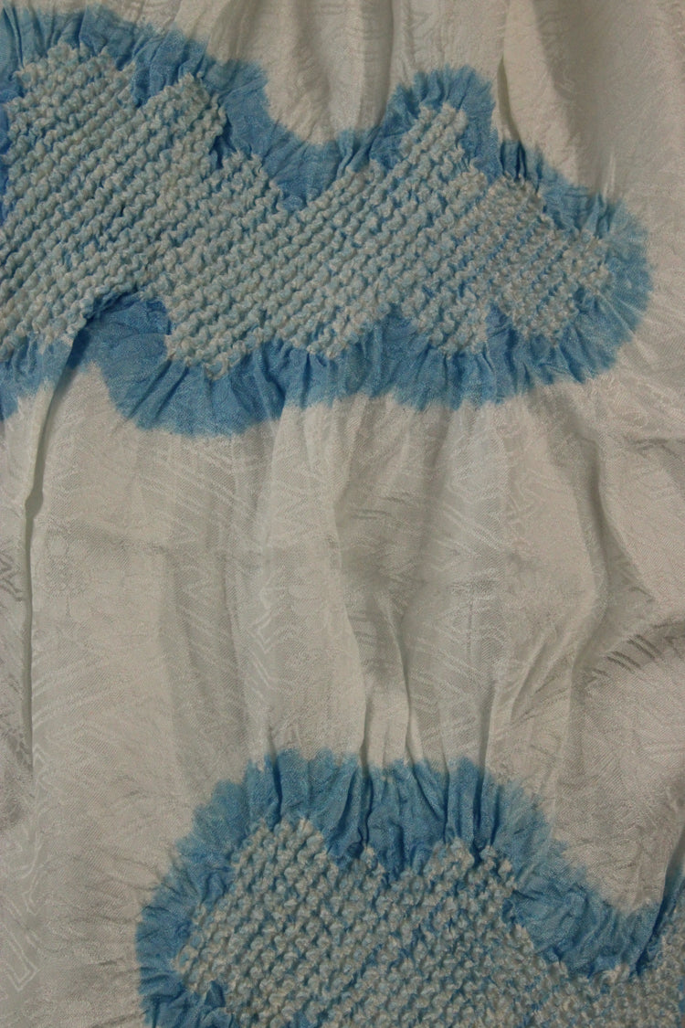 White silk sash scarf with blue shibori clouds