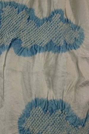 White silk sash scarf with blue shibori clouds - Kiku 