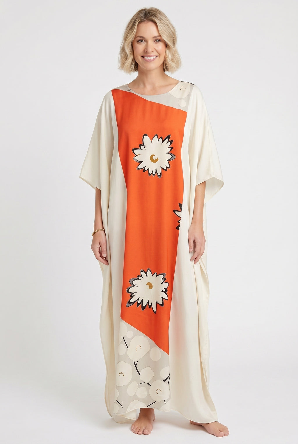 White and orange caftan dress made from vintage kimono silk