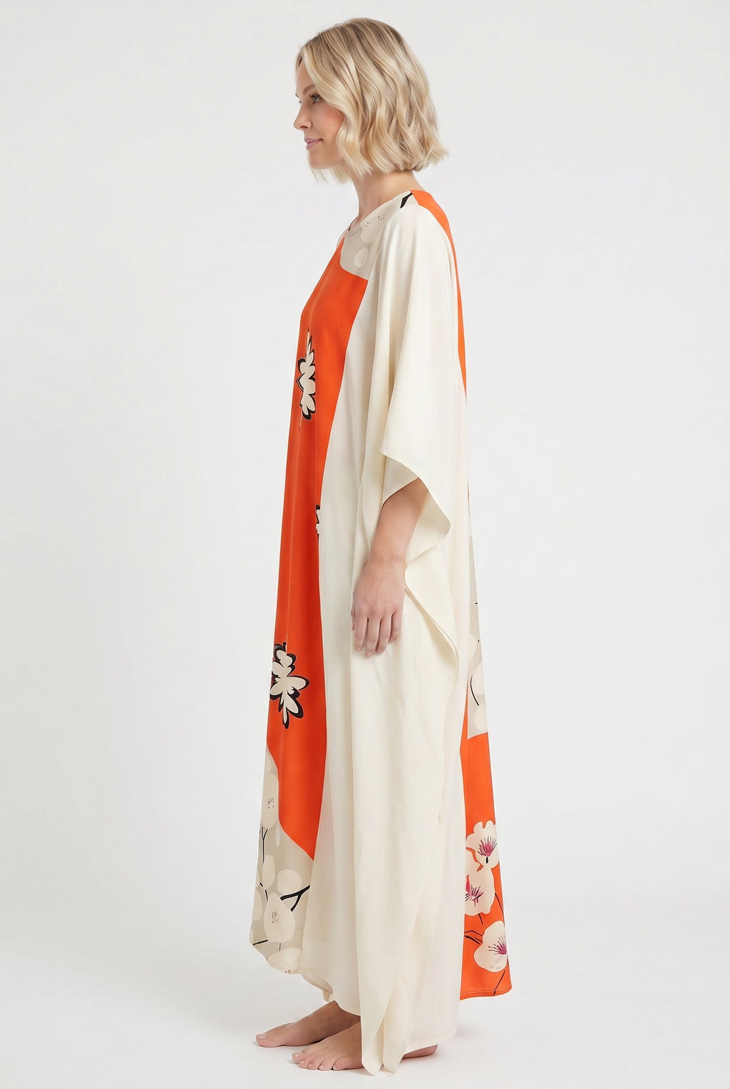 White and orange caftan dress made from vintage kimono silk