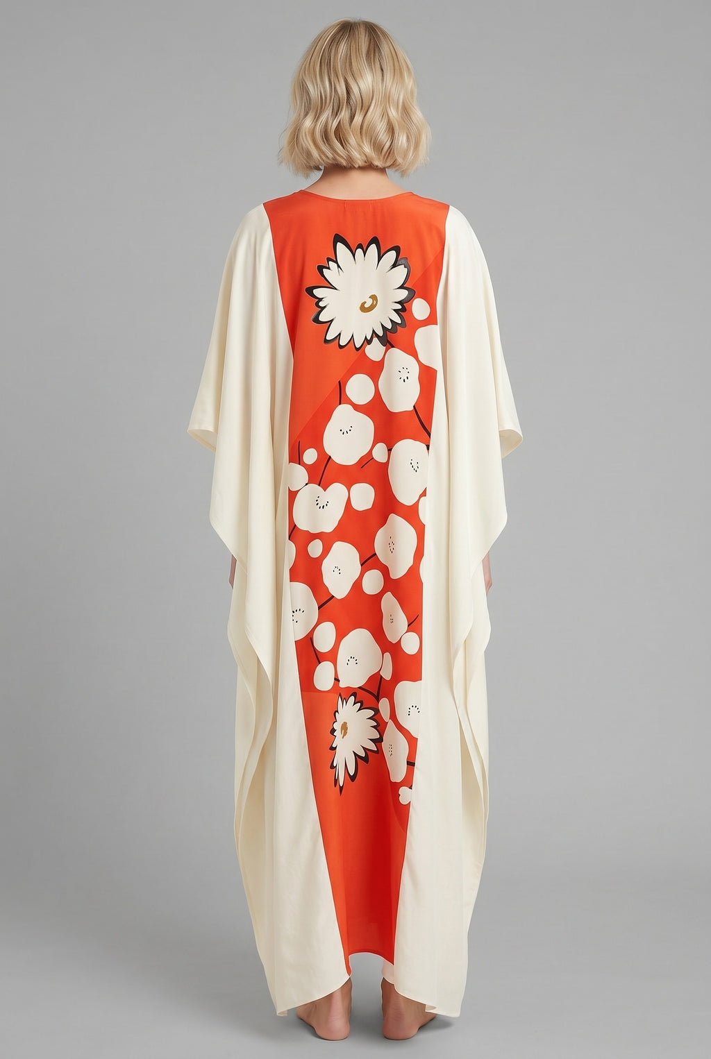 White and orange caftan dress made from vintage kimono silk