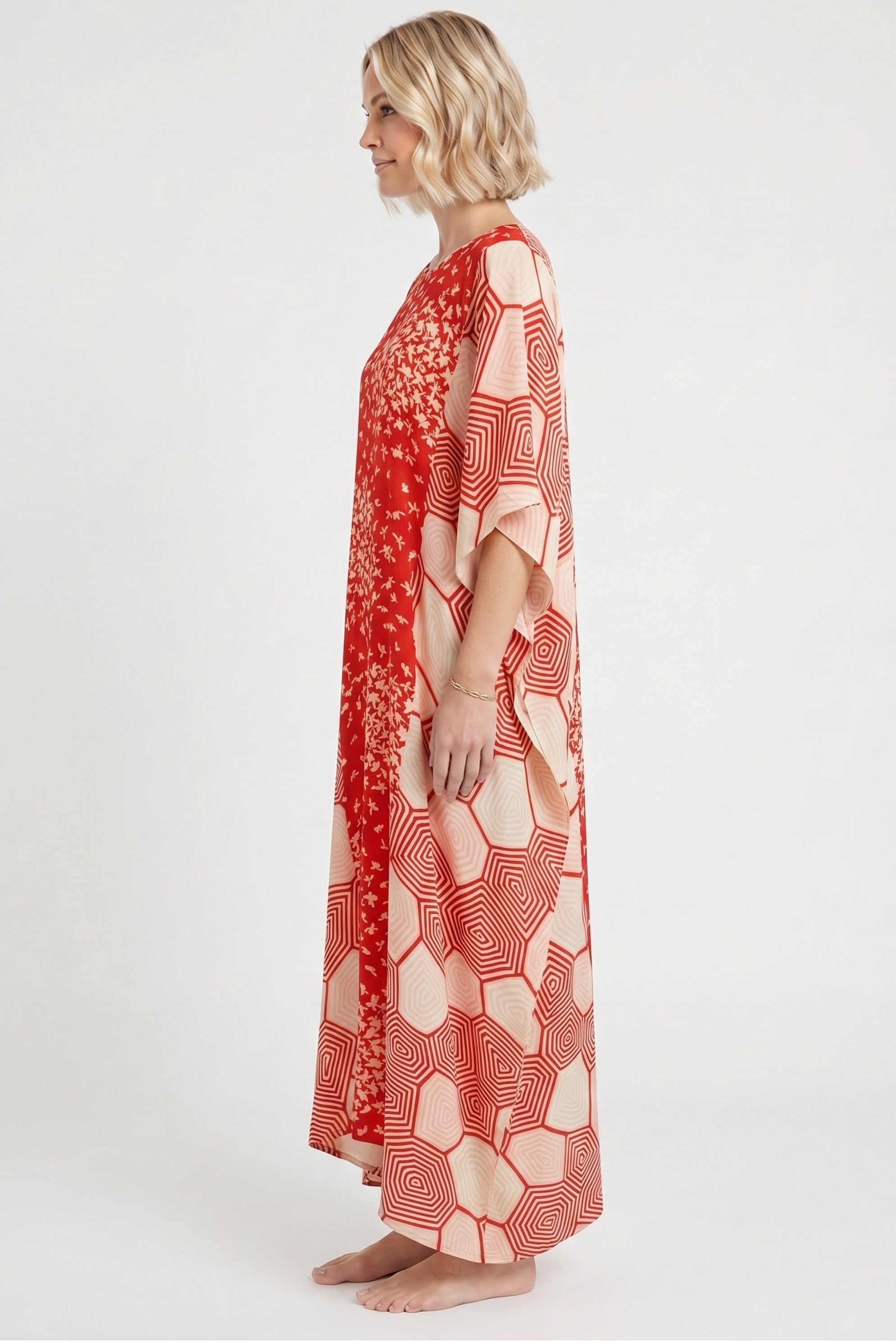 Red and pink caftan dress made for light weight vintage silk