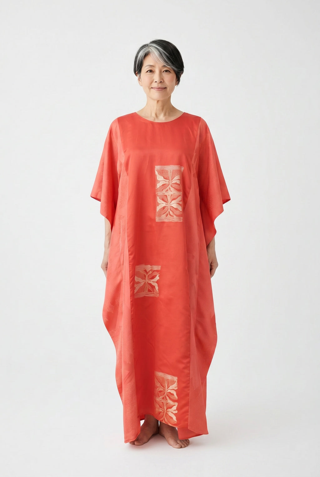 Coral silk caftan dress with woven silver design