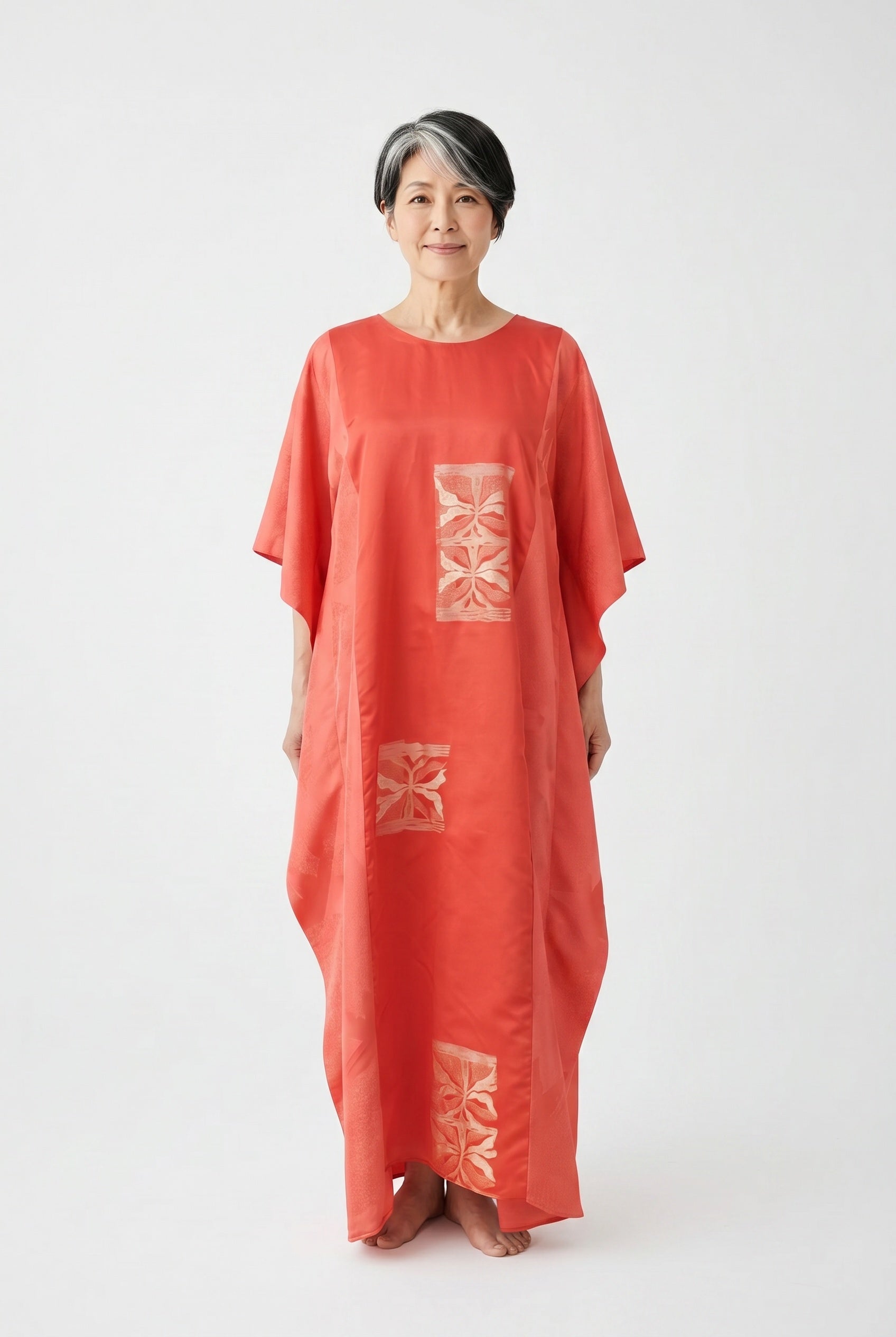 Coral silk caftan dress with woven silver design