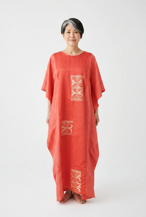 Coral silk caftan dress with woven silver design