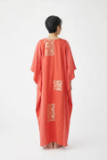 Coral silk caftan dress with woven silver design