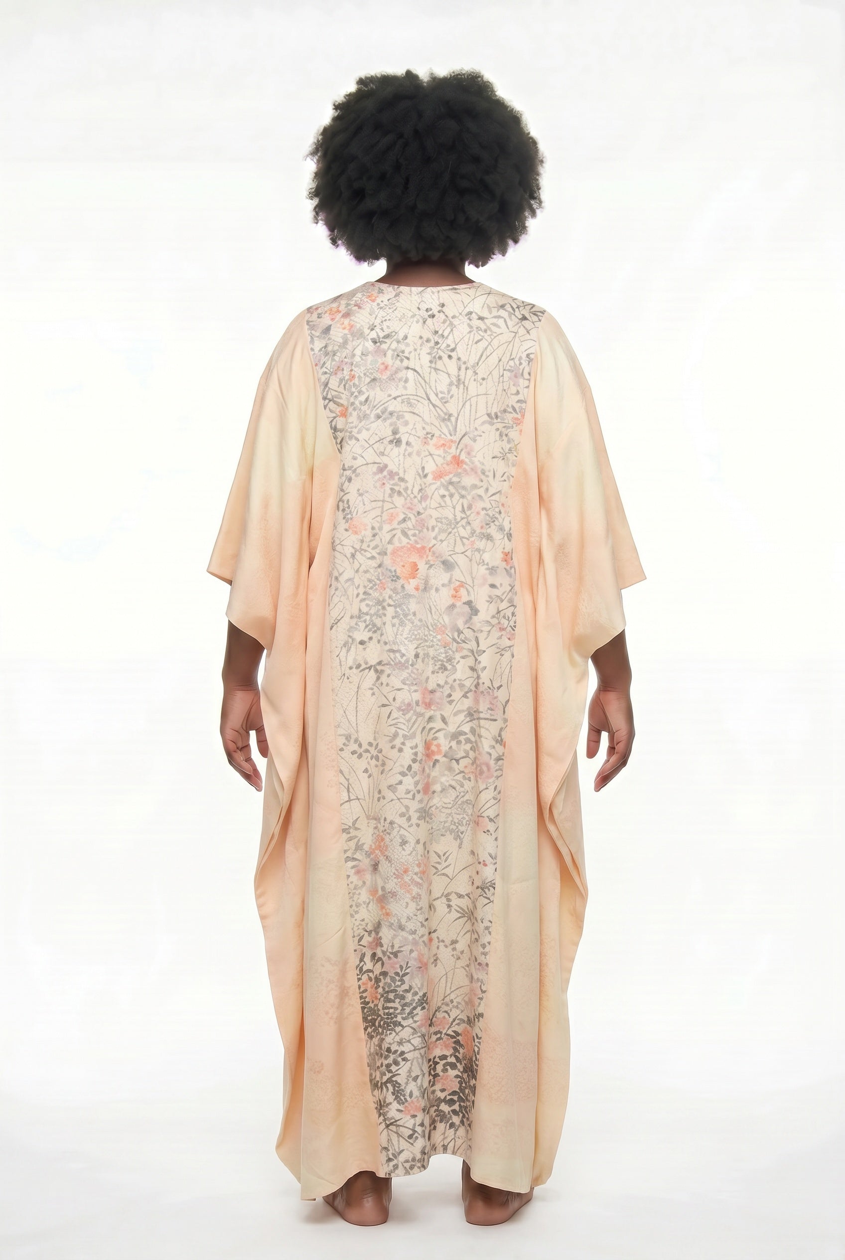 Pink caftan dress with hand painted flowers on shibori silk