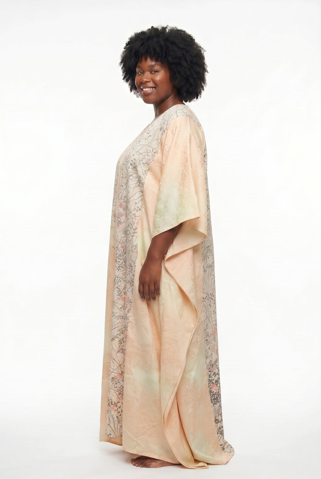 Pink caftan dress with hand painted flowers on shibori silk