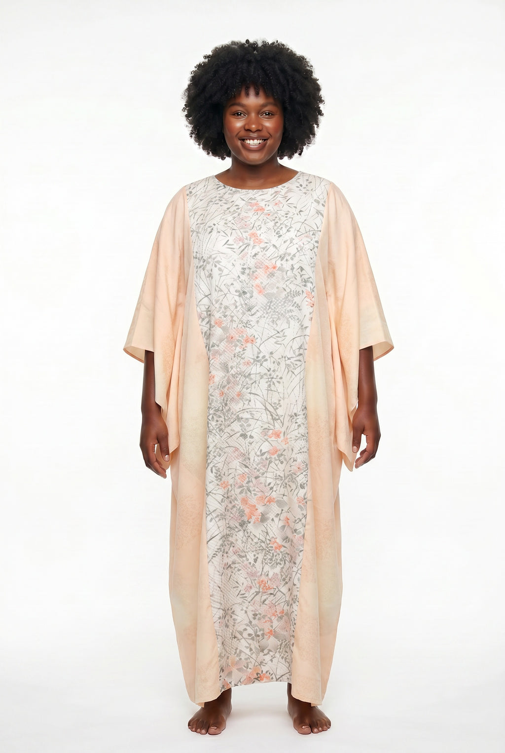 Pink caftan dress with hand painted flowers on shibori silk