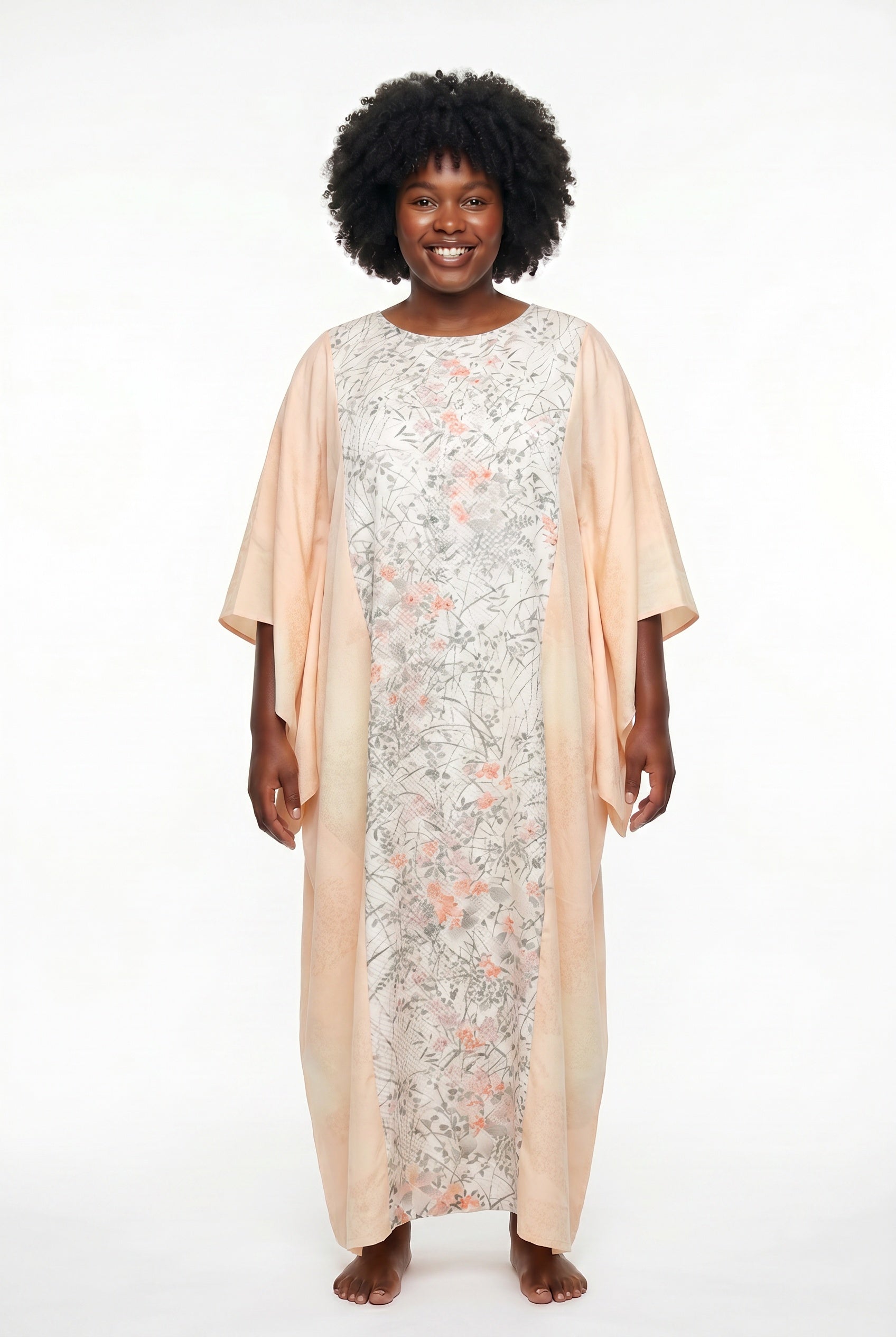 Pink caftan dress with hand painted flowers on shibori silk