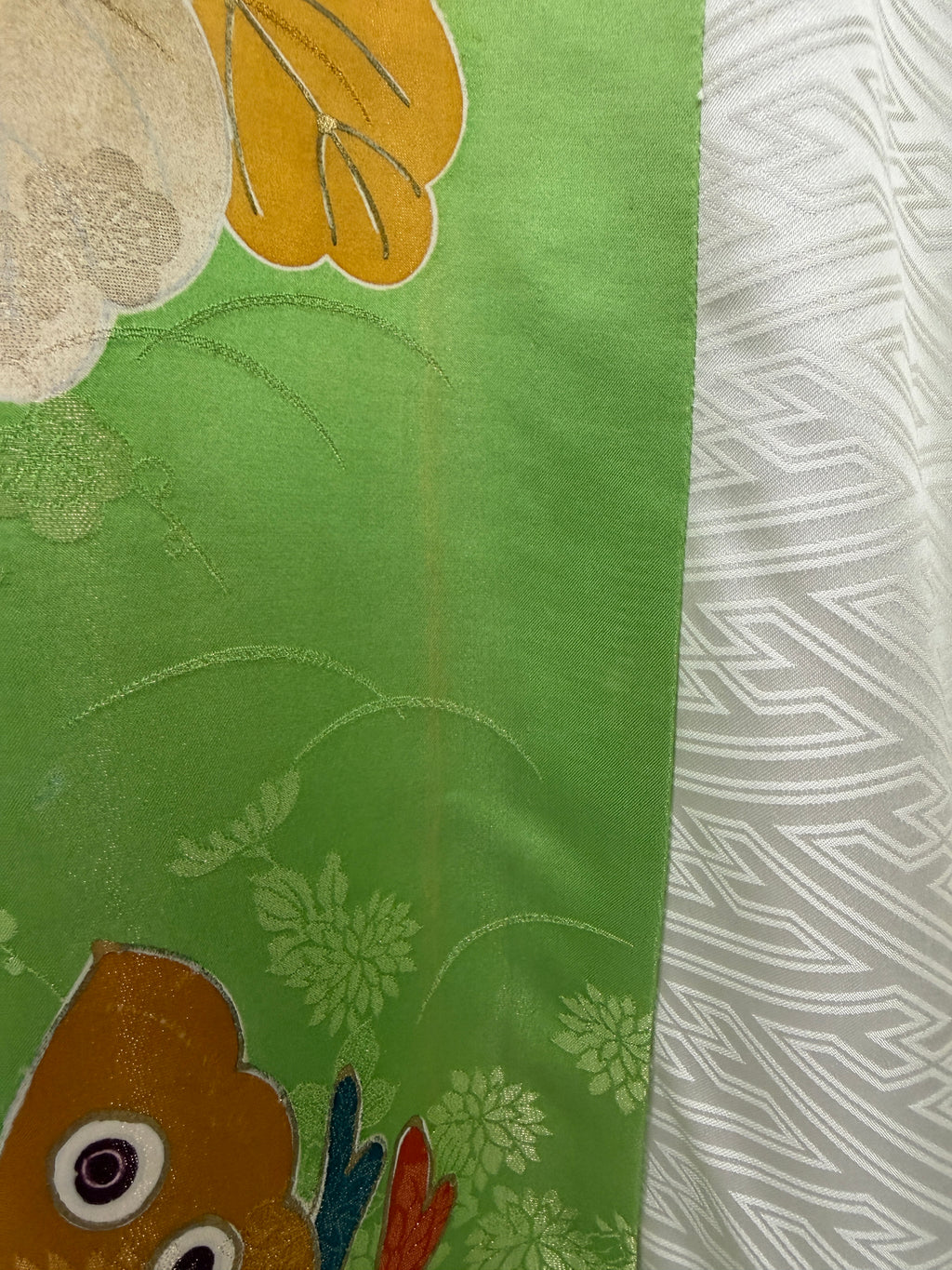 Green and white kimono caftan with butterflies