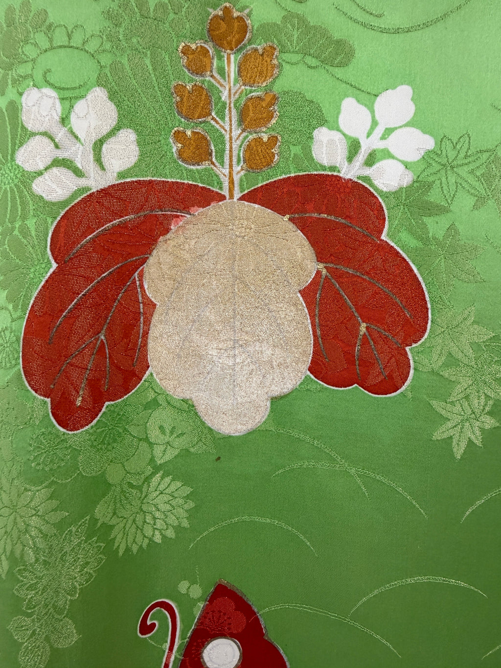 Green and white kimono caftan with butterflies