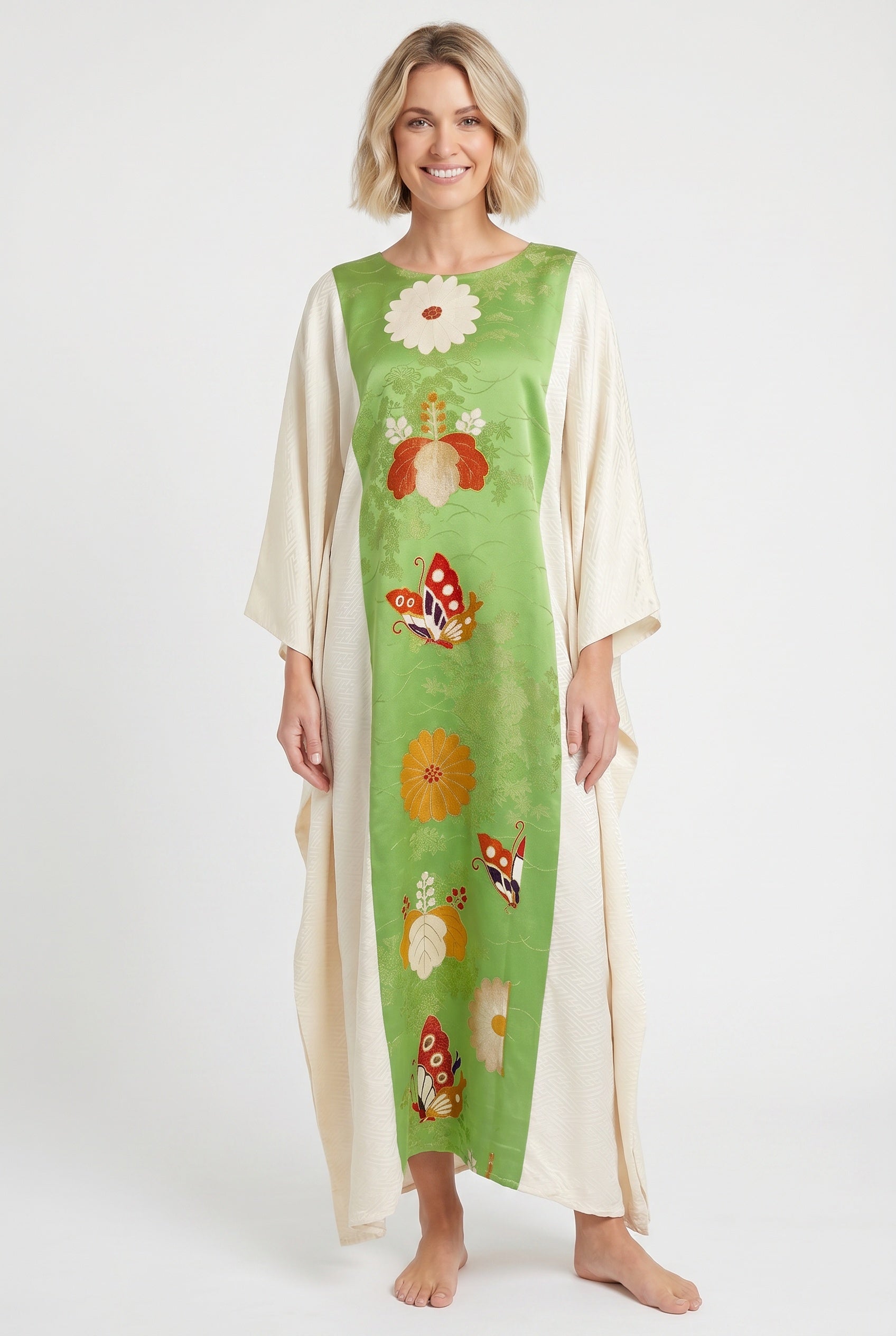 Green and white kimono caftan with butterflies