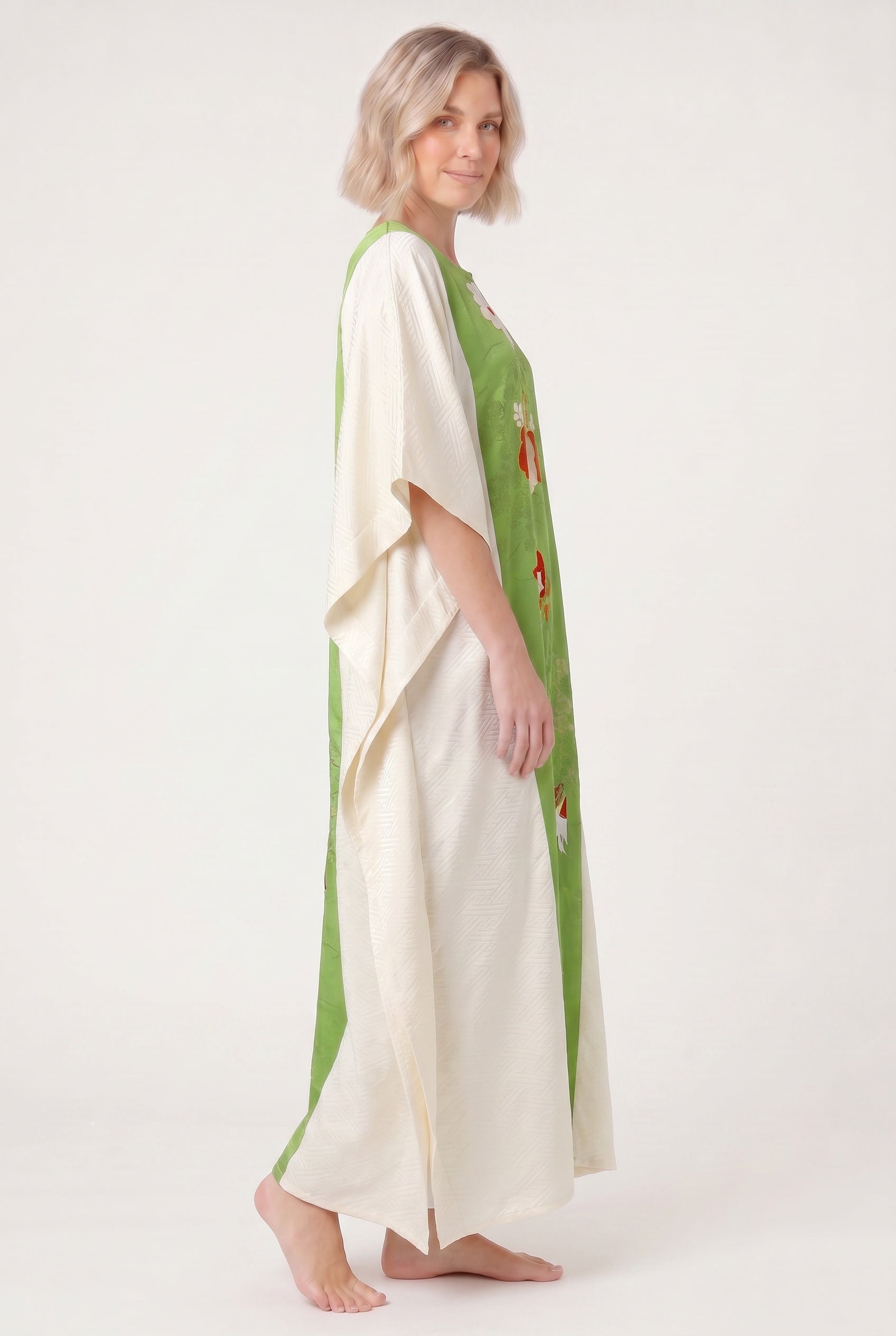 Green and white kimono caftan with butterflies