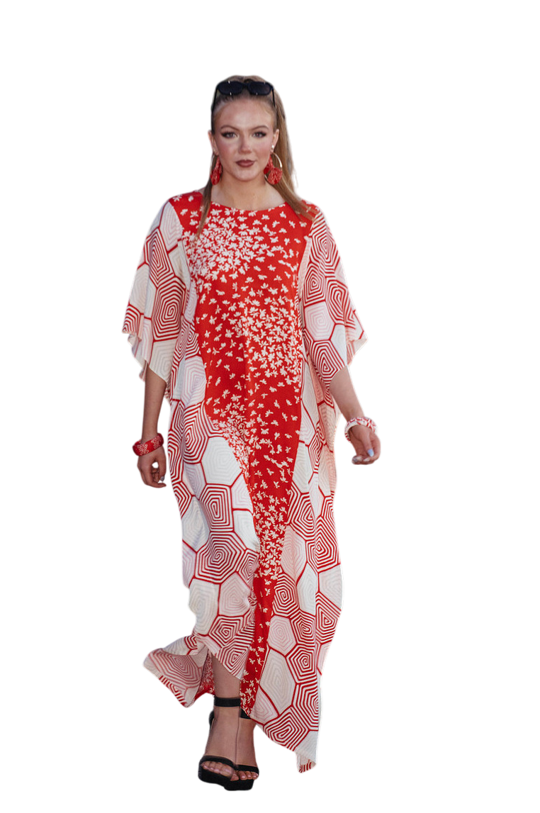 Red and pink caftan dress made for light weight vintage silk