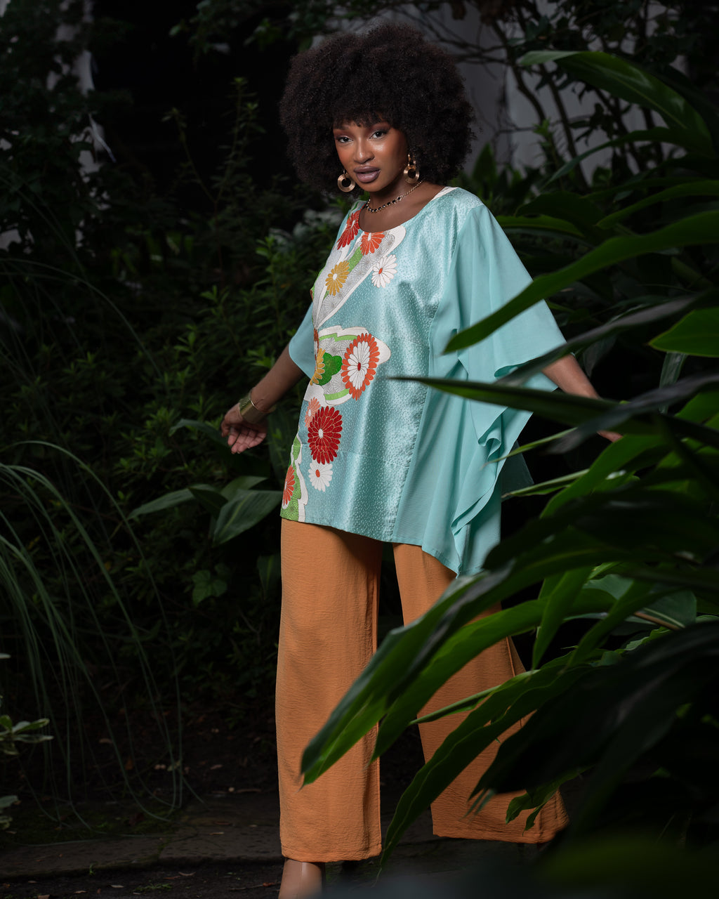 Turquoise blue silk caftan top with orange flowers