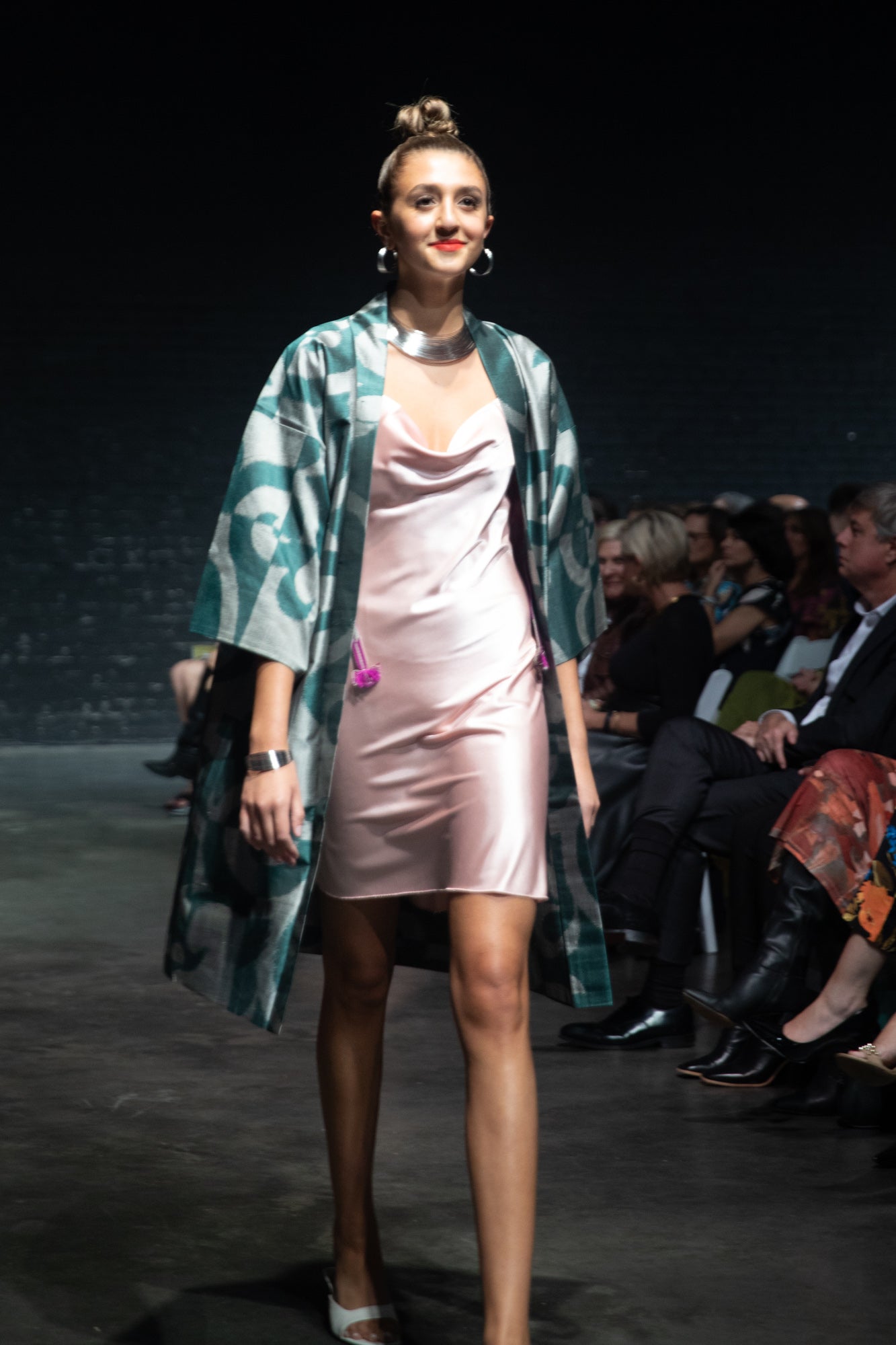 Green and gray meisen silk long kimono jacket - Kiku 